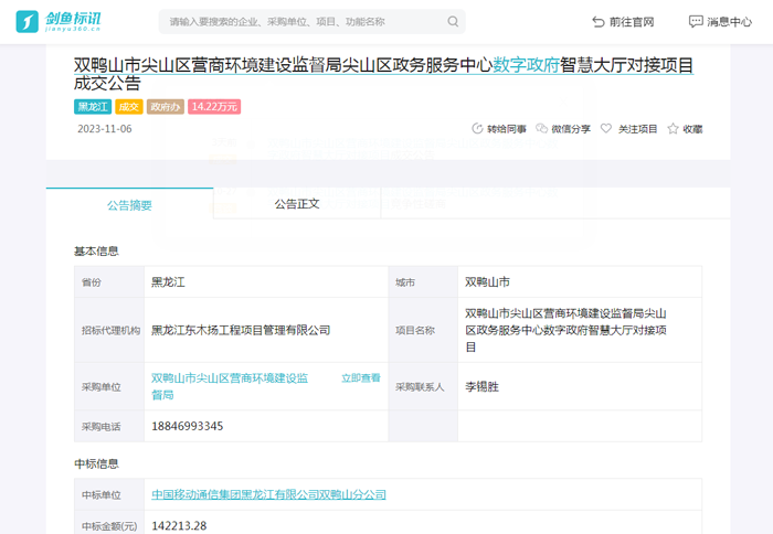 双鸭山市尖山区营商环境建设监督局尖山区政务服务中心数字政府智慧大厅对接项目